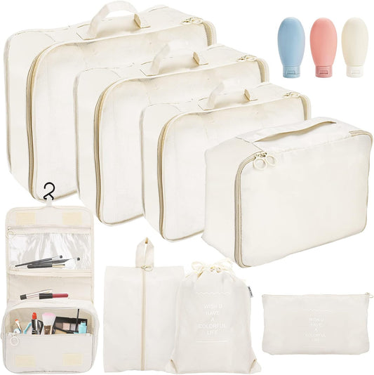 Onlyesh 11 Pieces Waterproof Suitcase Organizer Suitcase Space-Saving with 3 Liquid Travel Containers, Set Organizer Suitcase for Clothes, Cosmetics, Shoes, Underwear, Beige