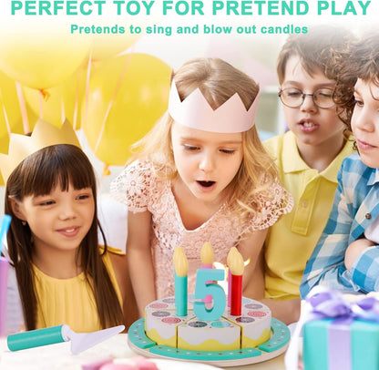 Inhahland Birthday Cake Cutting Toys, Wooden Play Food Set for Kids Toddlers, Pretend Play Kitchen Toys for Boys Girls