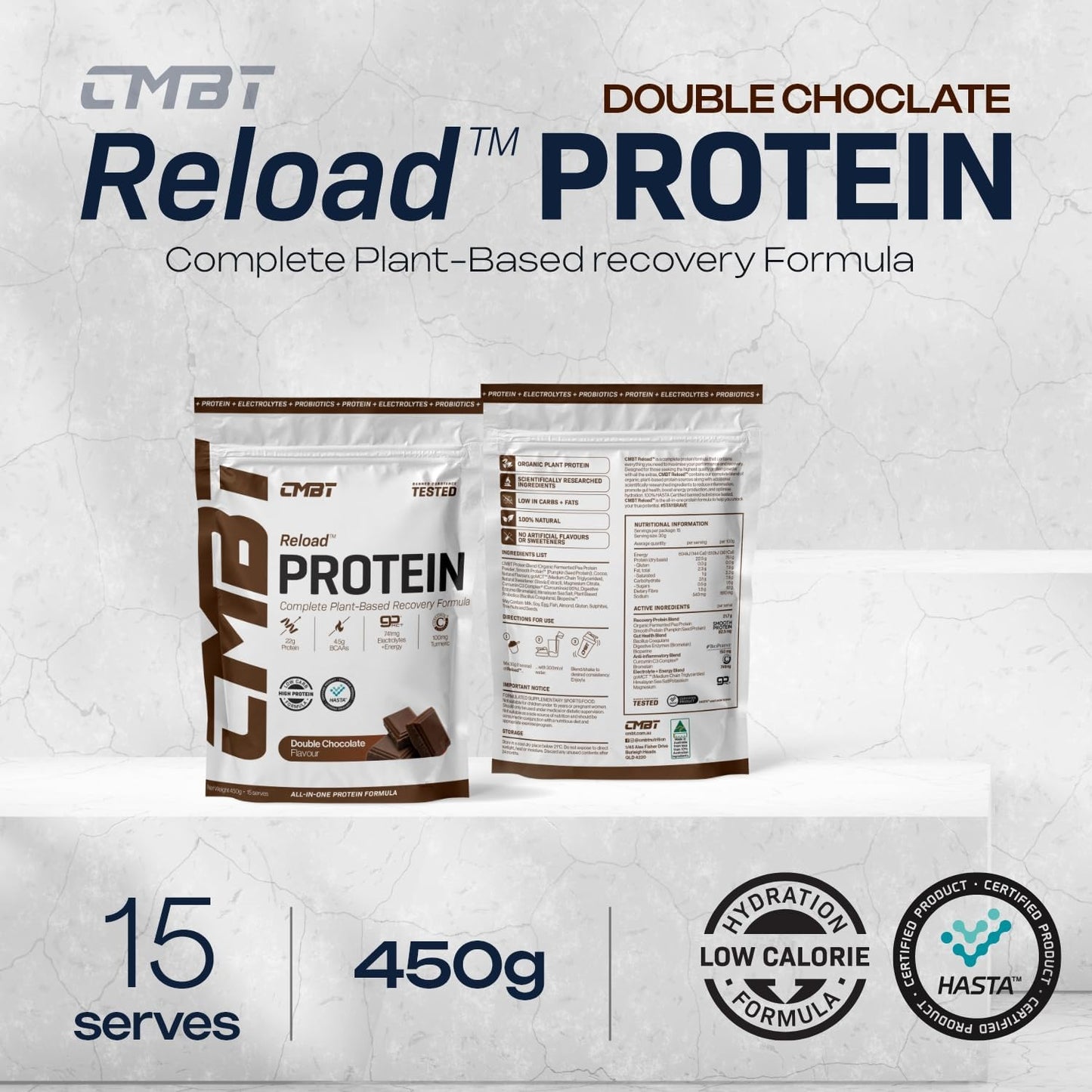 CMBT Reload Protein Powder, 22g Plant-Based Protein, Gut Health, Anti-Inflammatory, Clean Energy, Hydration Support, Banned Substance Tested, Chocolate, 450g