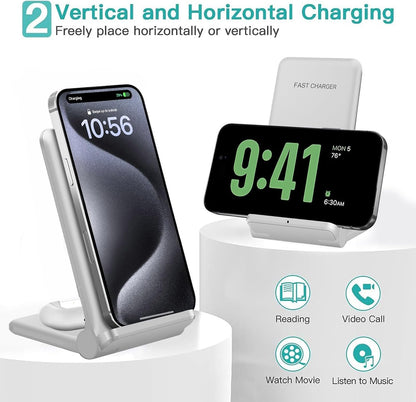 VNBBT 2 in 1 Wireless Charger, 20W Fast Wireless Charging Stand Dock for iPhone 16 Pro Max/16/15/15 plus/14/13/12/11/XS/XR,AirPods 3/Pro 2,Samsung Galaxy S24/S23/S22/S21/Note,Galaxy Buds, White