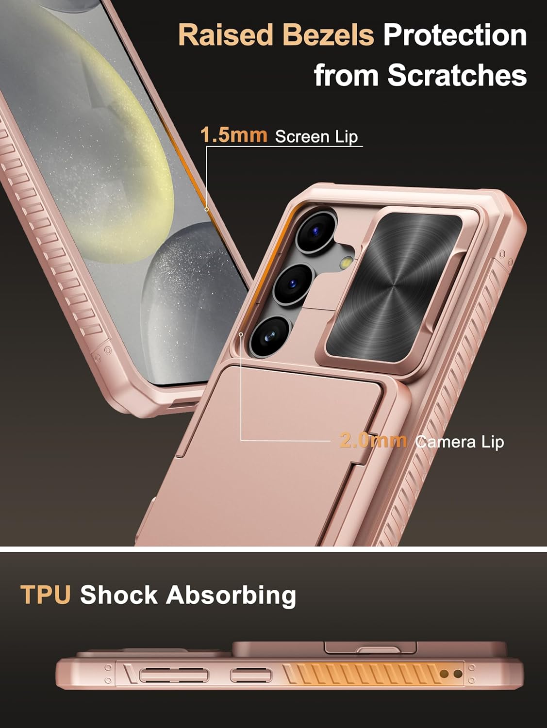 Vihibii for Samsung Galaxy S24 Case with Slide Camera Protection Cover, Built-in Card Holder (4 Cards) & Kickstand, Rugged Durable Wallet Phone Case for Samsung Galaxy S24 6.2" 5G 2024, Rose Gold