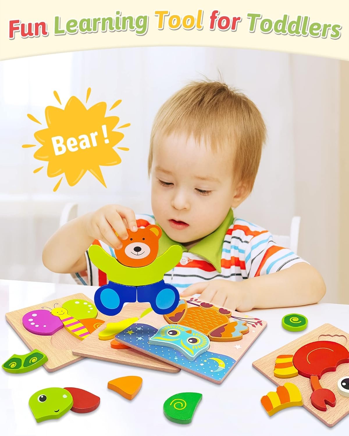 Gojmzo Wooden Puzzles for Toddlers 1-3 Toys Gifts for 1 2 3 Year Old Boys Girls, Montessori Educational Toys Preschool Learning Activities, 6 Pack Animal Jigsaw Puzzle Game