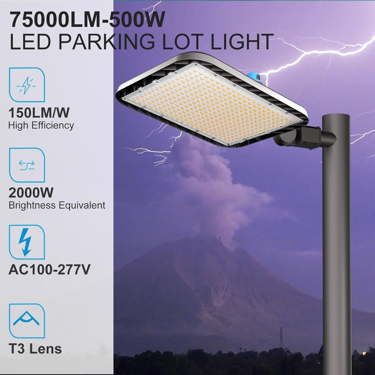 2Pack 500W LED Parking Lot Lighting 75000LM(150LM/W) 5000K LED Pole Lights Outdoor Smart Photocell 6KV SPD Parking Lot Lights Outdoor Pole Mount-2Pack 7Yrs Warranty