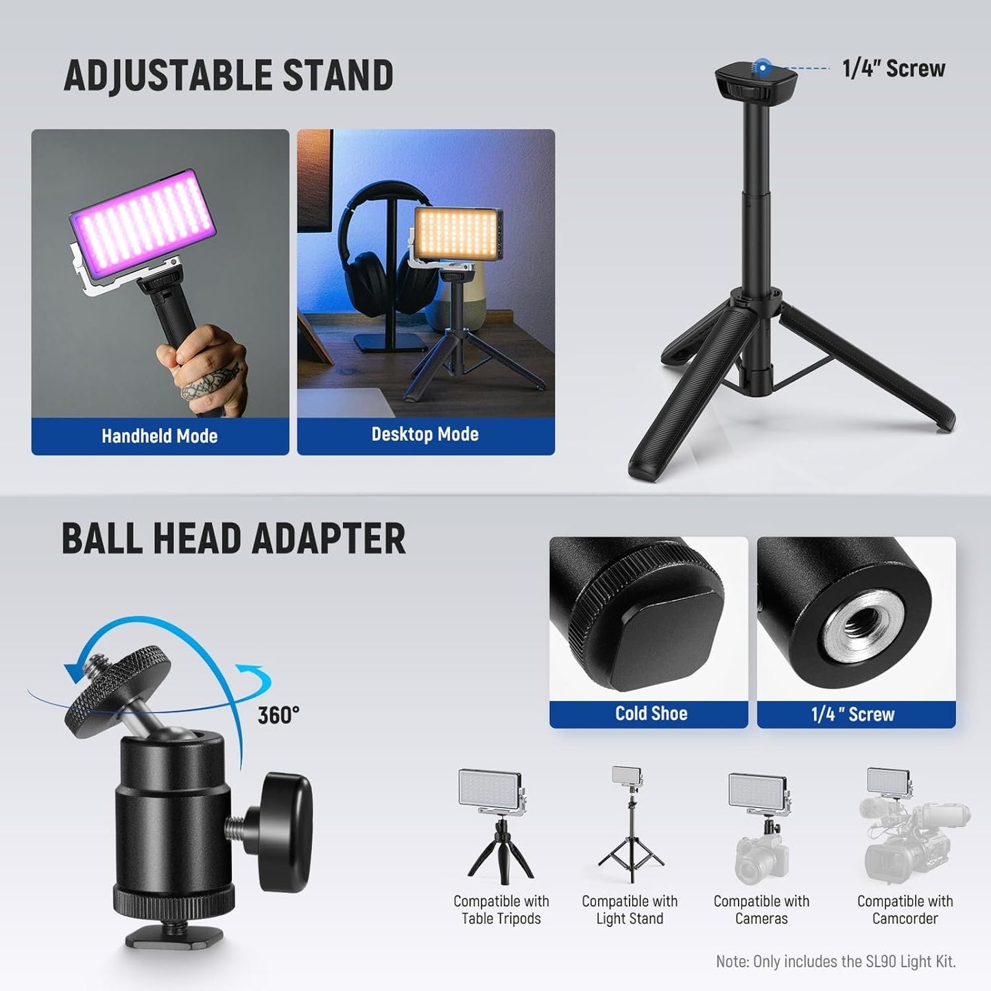 NEEWER 12W RGB Video Light, On Camera LED Panel Key Lighting for Streaming Selfie, 2500K-10000K CRI97+ App/2.4G Control 4300mAh Battery Desk Tripod Stand for Vlogging Video Recording Podcast, SL90