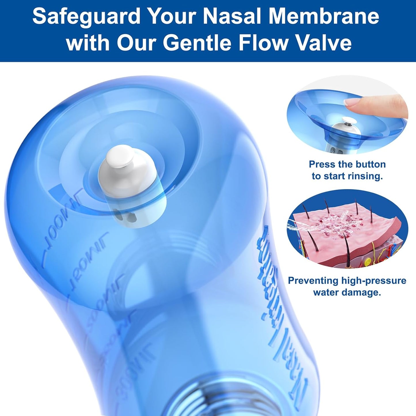 MAOEVER Neti Pot Sinus Rinse Bottle Nose Wash Cleaner Pressure Rinse Nasal Irrigation for Adult & Kid BPA Free 300 ML with 30 Nasal Wash Salt Packets and Sticker Thermometer(Blue)