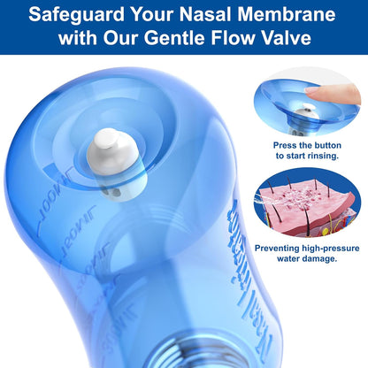 MAOEVER Neti Pot Sinus Rinse Bottle Nose Wash Cleaner Pressure Rinse Nasal Irrigation for Adult & Kid BPA Free 300 ML with 30 Nasal Wash Salt Packets and Sticker Thermometer(Blue)