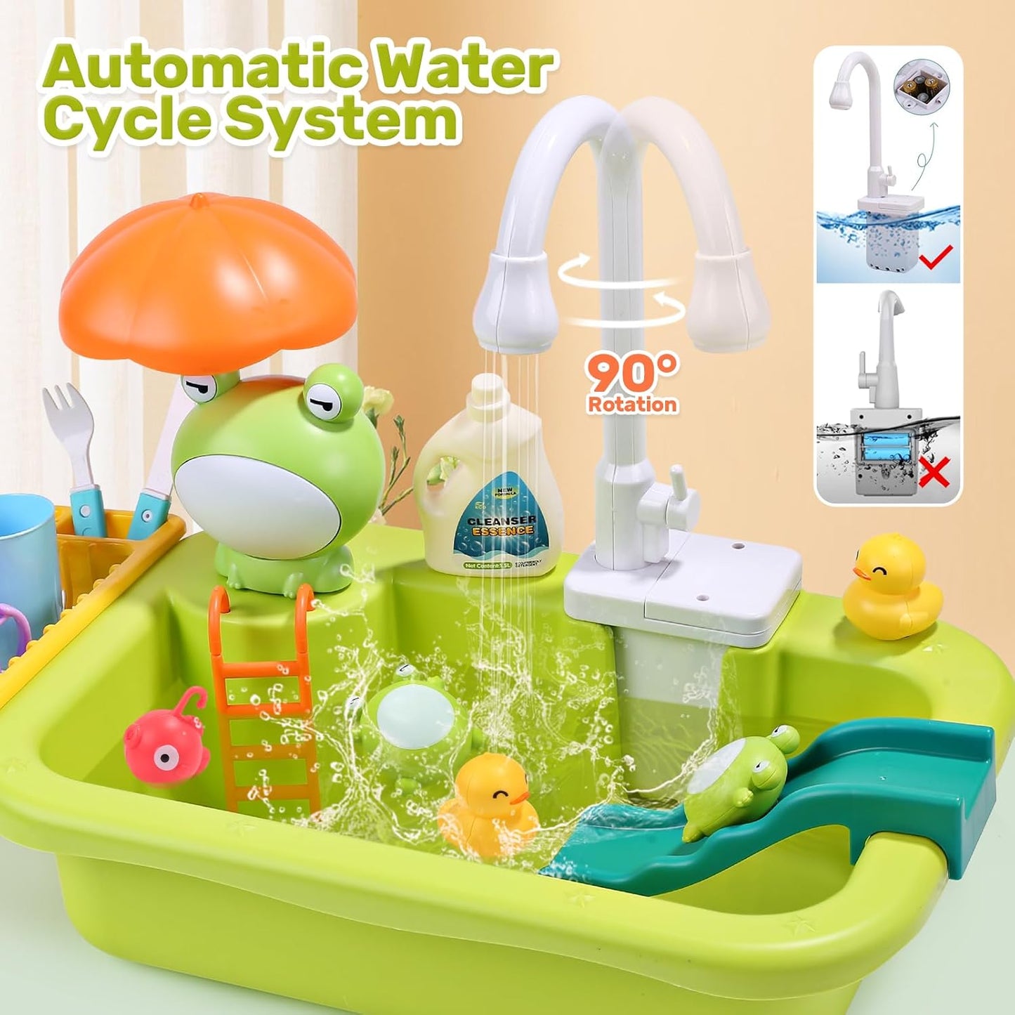 CUTE STONE Play Sink with Running Water, Kitchen Sink Toys with Upgraded Electric Faucet, Play Kitchen Toy Accessories, Pool Floating Fishing Toys for Water Play, Kids Role Play Dishwasher Toy