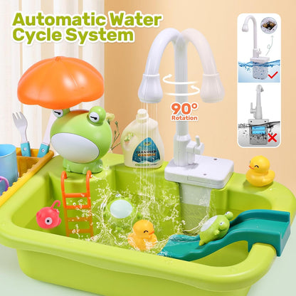 CUTE STONE Play Sink with Running Water, Kitchen Sink Toys with Upgraded Electric Faucet, Play Kitchen Toy Accessories, Pool Floating Fishing Toys for Water Play, Kids Role Play Dishwasher Toy