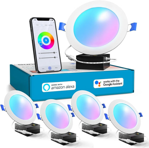 Sunco 4 Pack 6 Inch Smart Ultra Thin LED Recessed Ceiling Lights Slim, RGB+5000K Daylight, Dimmable, 15W, Canless Wafer with Junction Box - ETL.