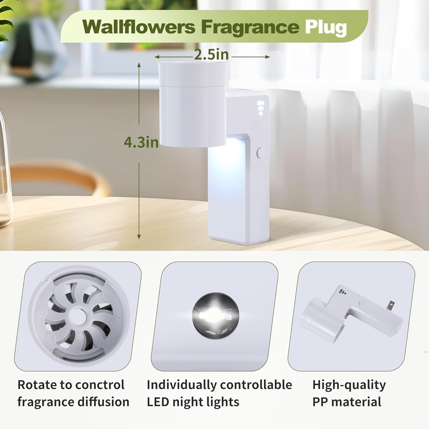 ROSSEX 6 PCS Wall Fragrance Plug in with Night Light and Oil Diffuser Plug with Upgraded Fragrance Concentration Control, Compatible with Bath and Body Works WallFower Plug for Home, White