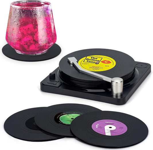 Valdivia Vinyl Record Coasters for Drinks with Records Player, Retro Album Coasters Set of 6, Funny Coasters and Cool Home Decor for Housewarming Gifts, Music Lovers Gifts, Wedding Registry Gift Ideas