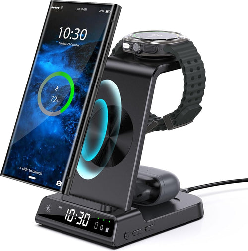 Wireless Charger for Samsung Charging Station with Clock for Samsung Galaxy S25 Ultra/S24 Ultra/Z Flip 6/5/Fold 5/Bud, 3 in 1 Android Charging Station, Watch Charger for Samsung Galaxy Watch 7/6/5Pro