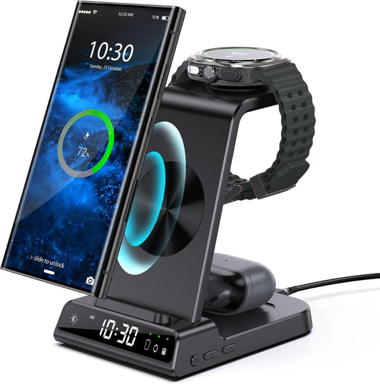 Wireless Charger for Samsung Charging Station with Clock for Samsung Galaxy S25 Ultra/S24 Ultra/Z Flip 6/5/Fold 5/Bud, 3 in 1 Android Charging Station, Watch Charger for Samsung Galaxy Watch 7/6/5Pro