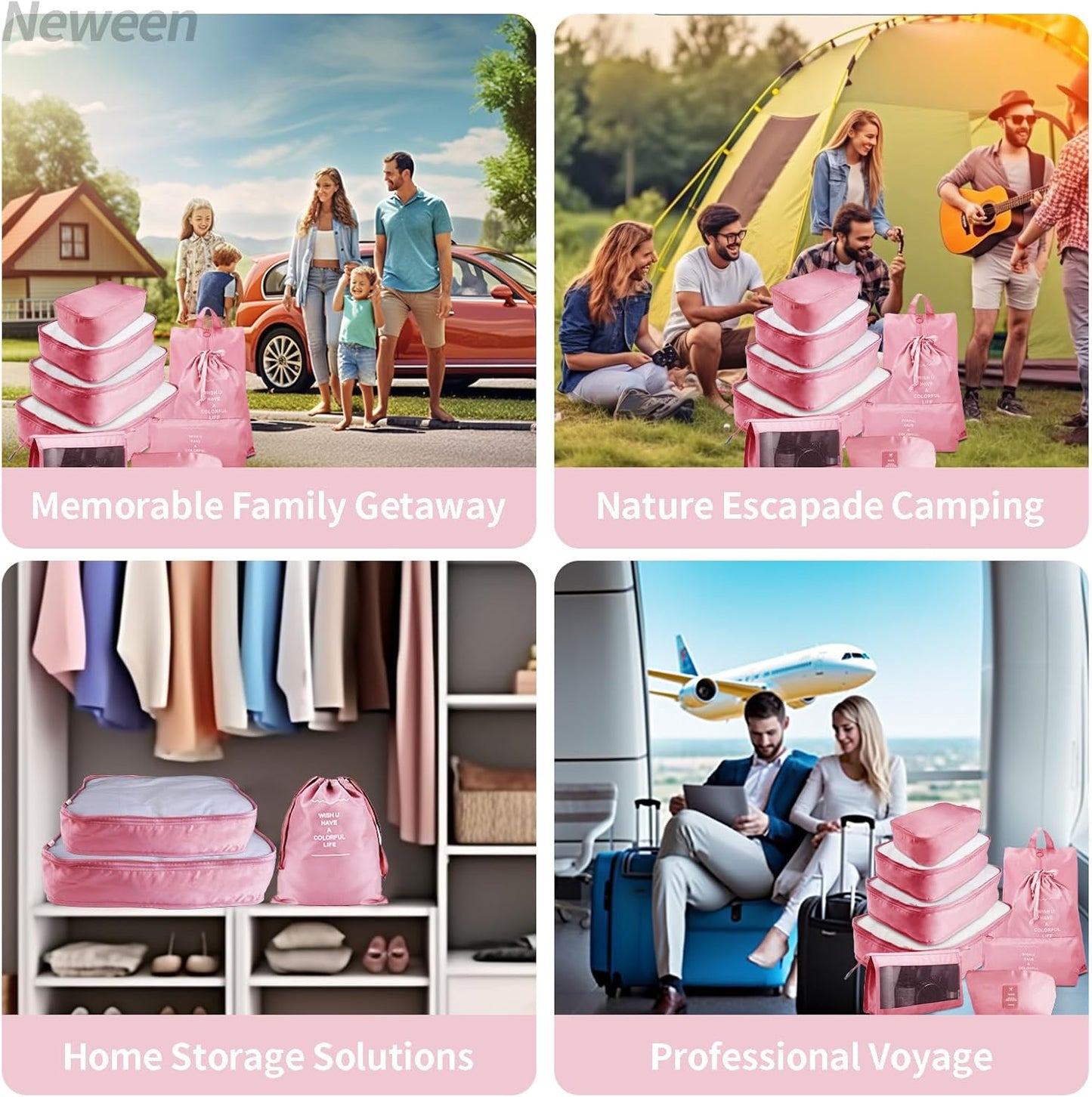 Neween 9PCS Packing Cubes for Suitcases, Travel Luggage Packing Organisers with Shoe Bag & Cosmetic Bag, Waterproof Travel Essential Cube Accessories Clothes Toiletries Storage Pouch (B-Pink)