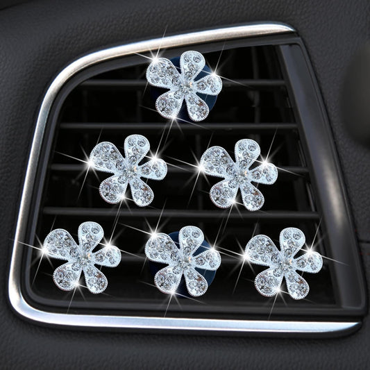 Bling Flower Air Vent Clips, 6 Pcs Cute Daisy Air Fresheners, Diffuser With Rhinestone Interior Decoration Charm, Diamond Decor Accessories for Women Girls