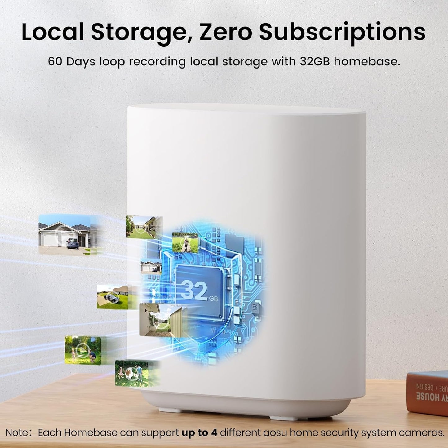 AOSU Solar Security Cameras Wireless Outdoor, 2K QHD Home Security System, 4-Cam Kit with 166° Ultra-Wide View, Cam-to-Cam Sync, 32GB Homebase Local Storage, Color Night Vision, No Monthly Fee