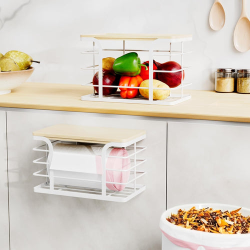 2 Pack Stackable Storage Kitchen Laundry Organizers,Trash Bag Holder Wall Mount Garbage Bag Dispenser with Bamboo Top,White Large and Small