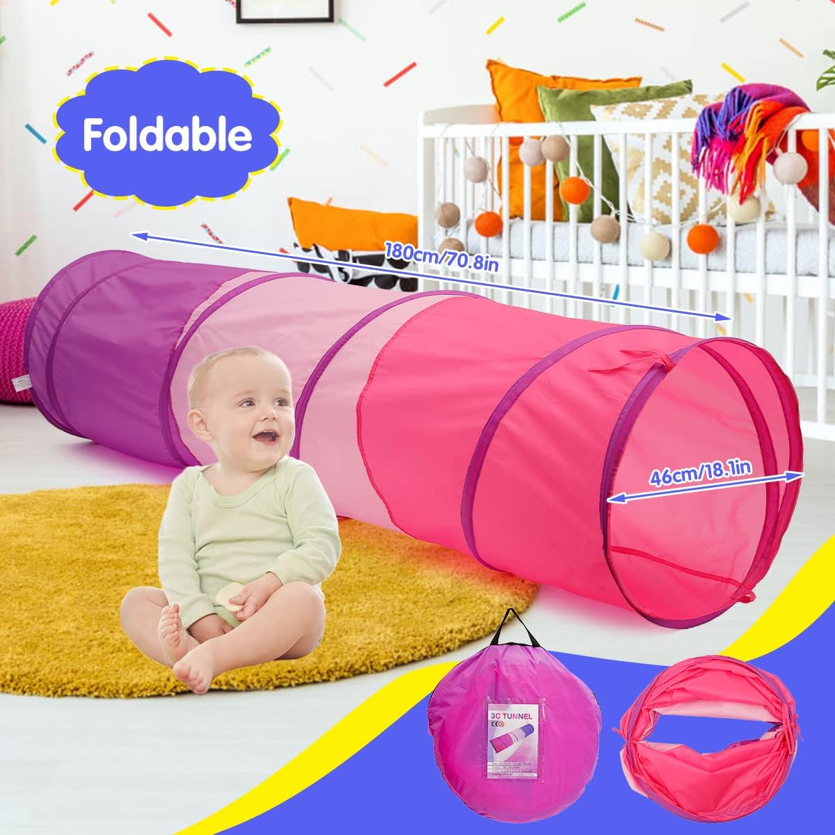 6Ft Crawl Through Play Tunnel Toy, Pop Up Tunnel for Kids Toddlers Babies Infants Children & Dogs, Indoor Outdoor Tube (Pink Purple)