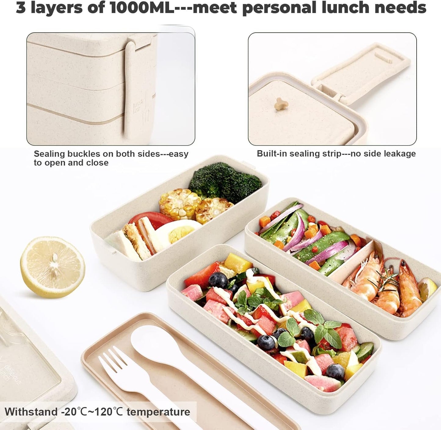 Yirochan 3 Layer Bento Box for Adults, 4-in-1 Meal Prep Container with Fork & Spoon, 1000ml Food Storage for Men Women Student School Office, Microwave Dishwasher Safe Available (Beige)