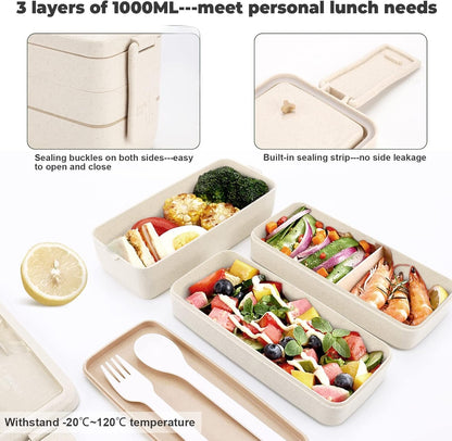 Yirochan 3 Layer Bento Box for Adults, 4-in-1 Meal Prep Container with Fork & Spoon, 1000ml Food Storage for Men Women Student School Office, Microwave Dishwasher Safe Available (Beige)