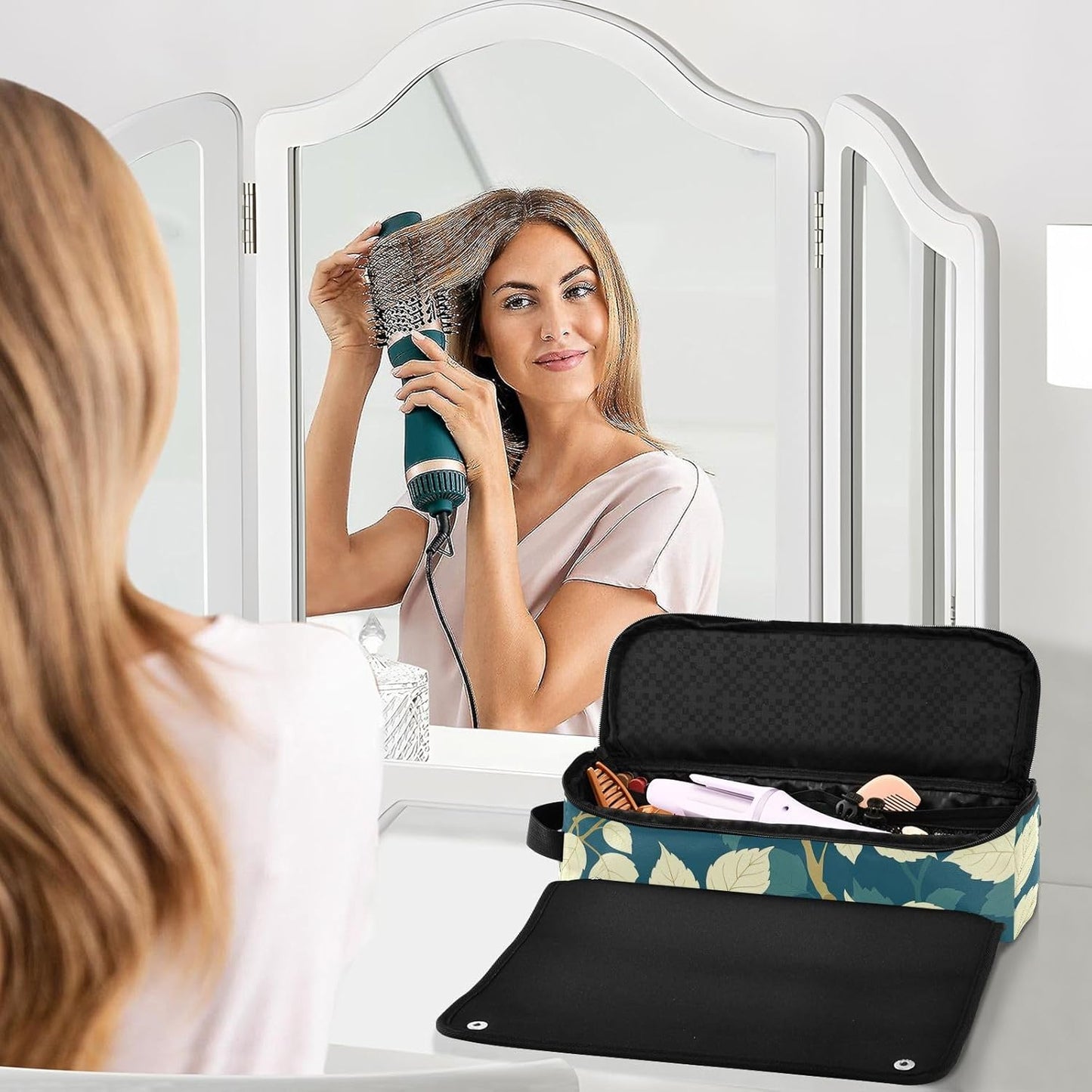 Borsa da viaggio per strumenti per capelli e tappetino resistente al calore, custodia da viaggio a doppio strato per utensili caldi e accessori per la cura dei capelli, foglia di timo, beige, foglia