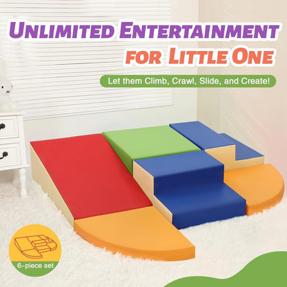 TODIBY 6-Piece Set Soft PU Leather Baby Climbing Toys for Toddlers, Foam Blocks Climber Play Equipment, Indoor Climb and Crawl Activity Play Set (Classic Color)