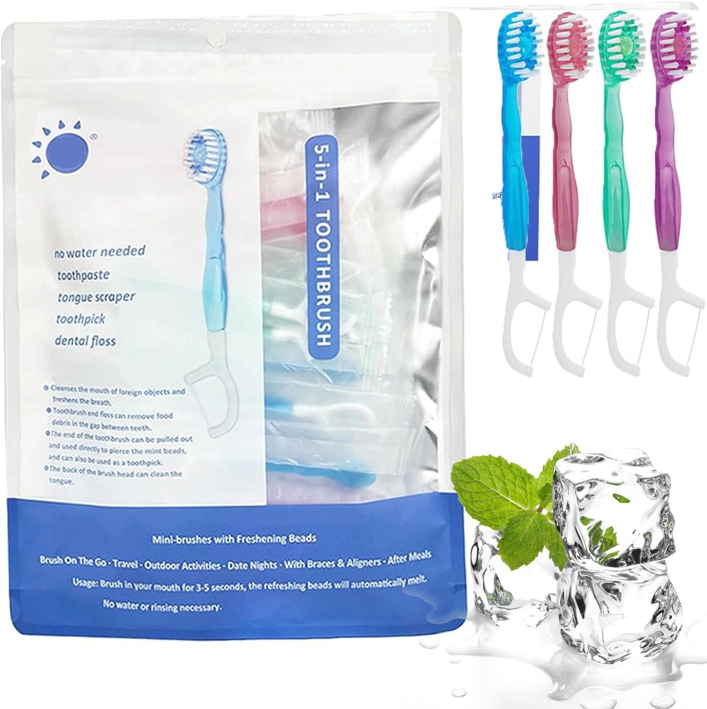 5 in 1 Mini Toothbrush & Floss & Tongue Scraper & Toothpick Set - 26PCS Disposable Travel Toothbrushes with Freshening Beads, Portable Oral Care Kit for On-The-Go Convenience (12PCS)