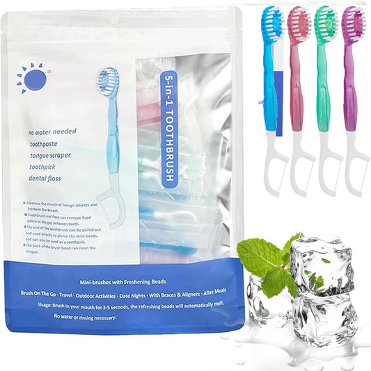 5 in 1 Mini Toothbrush & Floss & Tongue Scraper & Toothpick Set - 26PCS Disposable Travel Toothbrushes with Freshening Beads, Portable Oral Care Kit for On-The-Go Convenience (12PCS)