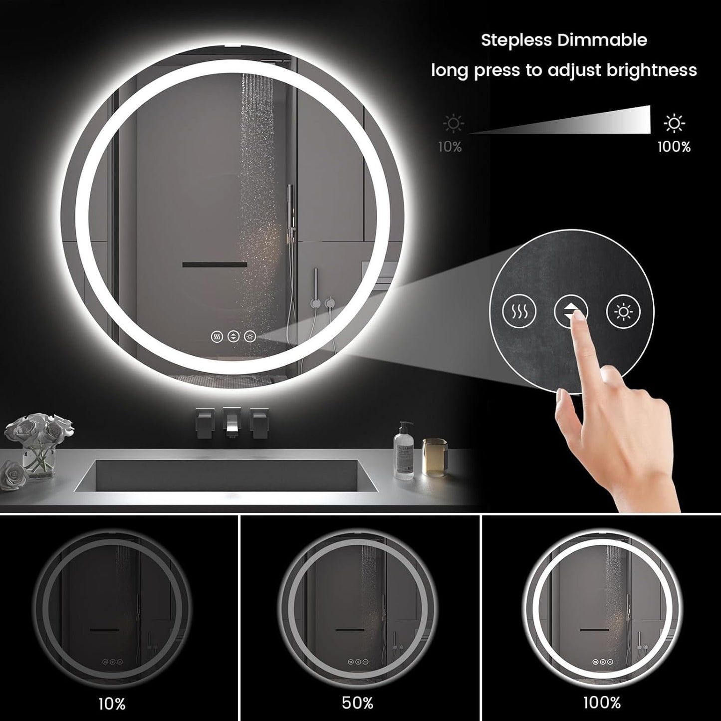 Round LED Bathroom Mirror with Lights, Backlit & Front Lighted, Wall-Mounted Vanity Mirror 3000K/4000K/6000K, Memory Functions, Anti-Fog, Dimmable Smart Mirror (Round 24" x 24")