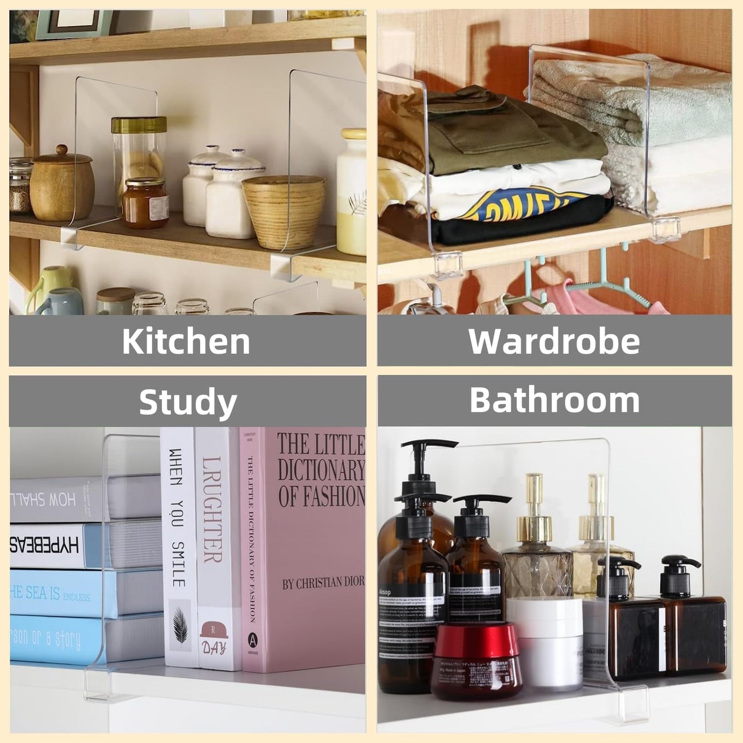 FORYUSE 12 Pack Acrylic Shelf Dividers for Closet Organization Clear Organiser Wooden Shelving Cabinet Separator Bedroom Kitchen Office Bookcase