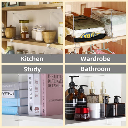 FORYUSE 12 Pack Acrylic Shelf Dividers for Closet Organization Clear Organiser Wooden Shelving Cabinet Separator Bedroom Kitchen Office Bookcase