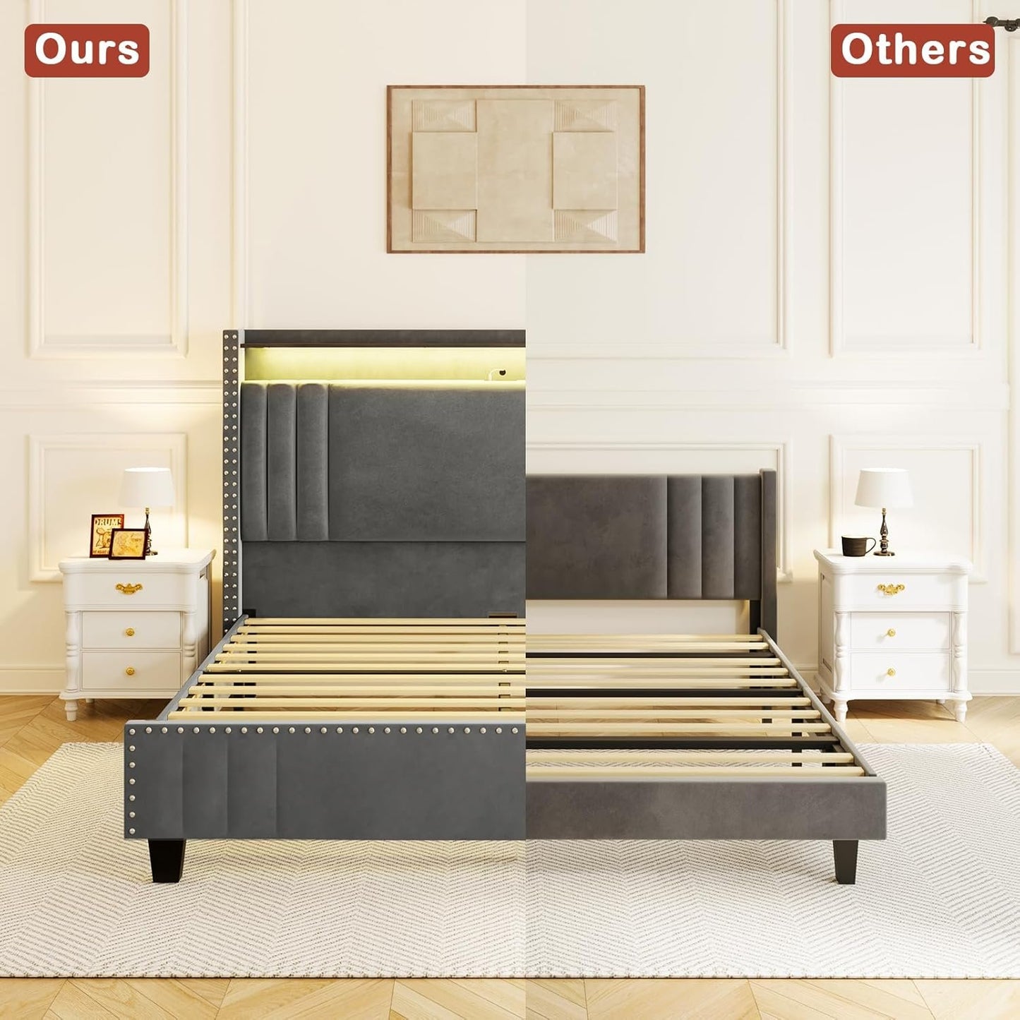 ROLETALENT Queen Bed Frame with Storage Tall Headboard & LED Light,Velvet Upholstered Bed Frame Queen Size with Charging Station,Platform Bed Frame,No Box Spring Needed Dark Grey