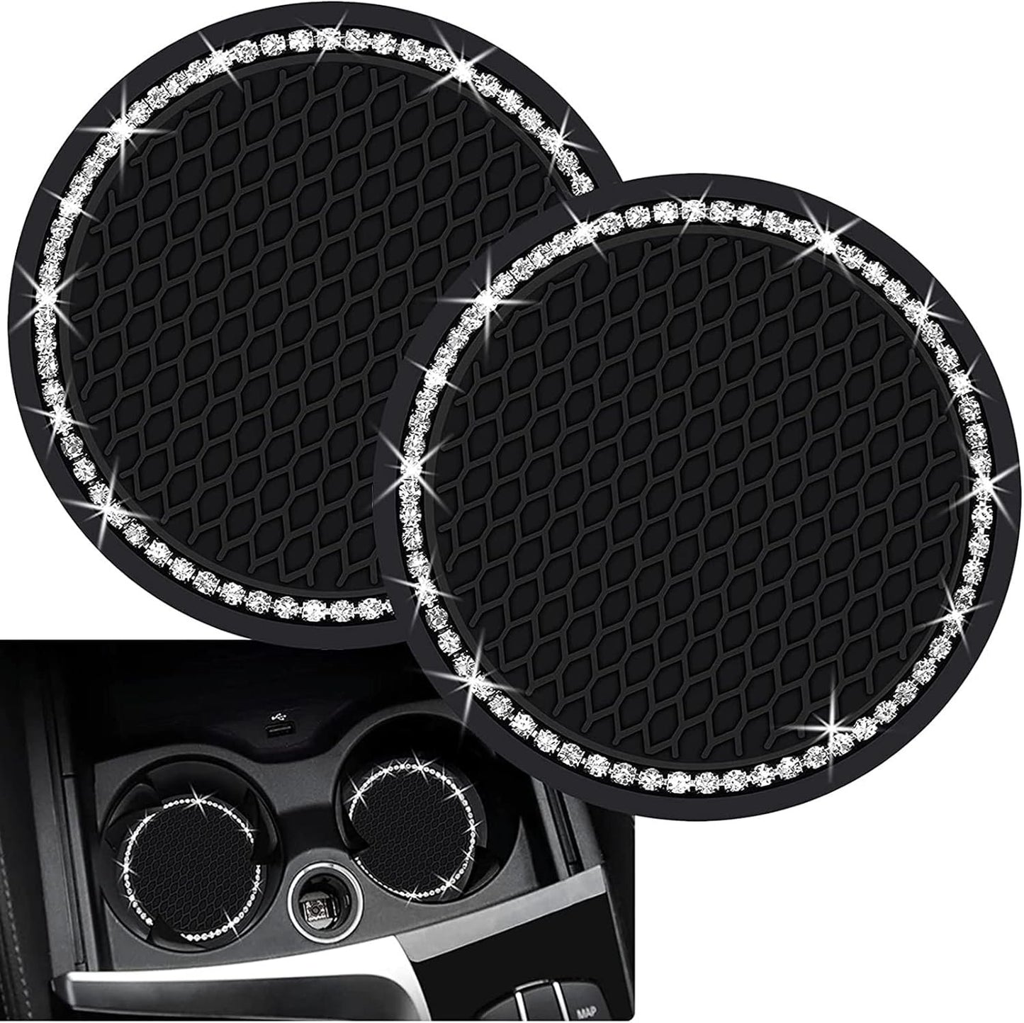 VIYNRAN 2 Pieces Bling Silicone Anti-Slip Cup Holder Insert Coaster and Engine Ignition Button Ring - Car Interior Accessories With Crystal Rhinestone (Black)