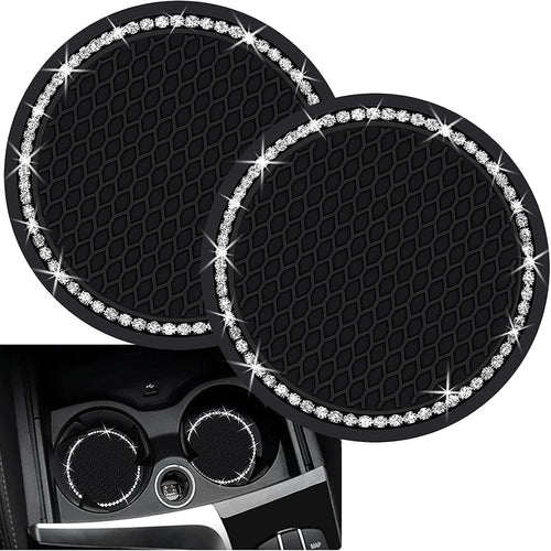 VIYNRAN 2 Pieces Bling Silicone Anti-Slip Cup Holder Insert Coaster and Engine Ignition Button Ring - Car Interior Accessories With Crystal Rhinestone (Black)