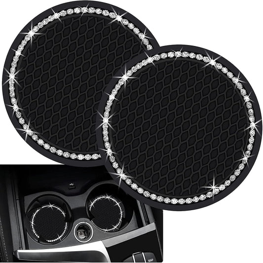 VIYNRAN 2 Pieces Bling Silicone Anti-Slip Cup Holder Insert Coaster and Engine Ignition Button Ring - Car Interior Accessories With Crystal Rhinestone (Black)