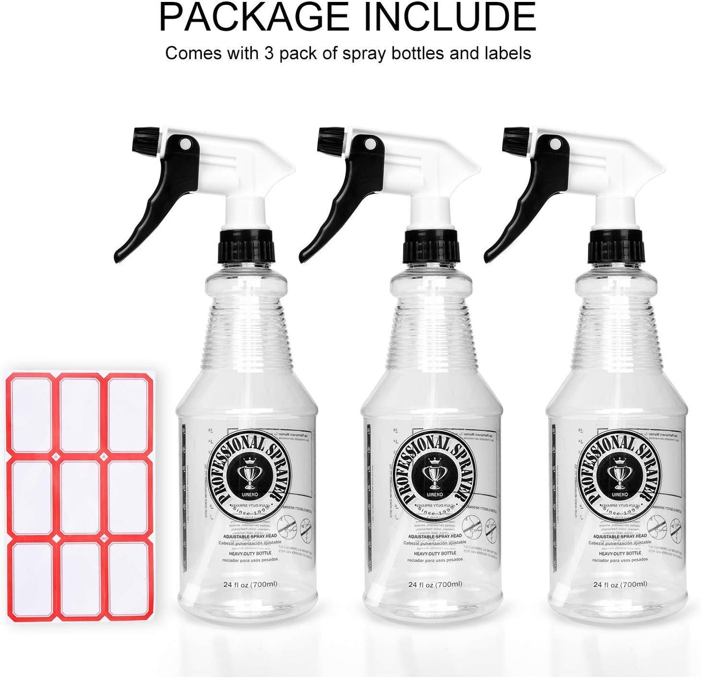 Plastic Spray Bottle (24oz 3 Pack) for Cleaning Solutions, Car Detailing Care, Planting, Pet, Clear Finish, Heavy Duty Empty Spraying Bottles Mist Water Sprayer with Measurements & Adjustable Nozzle