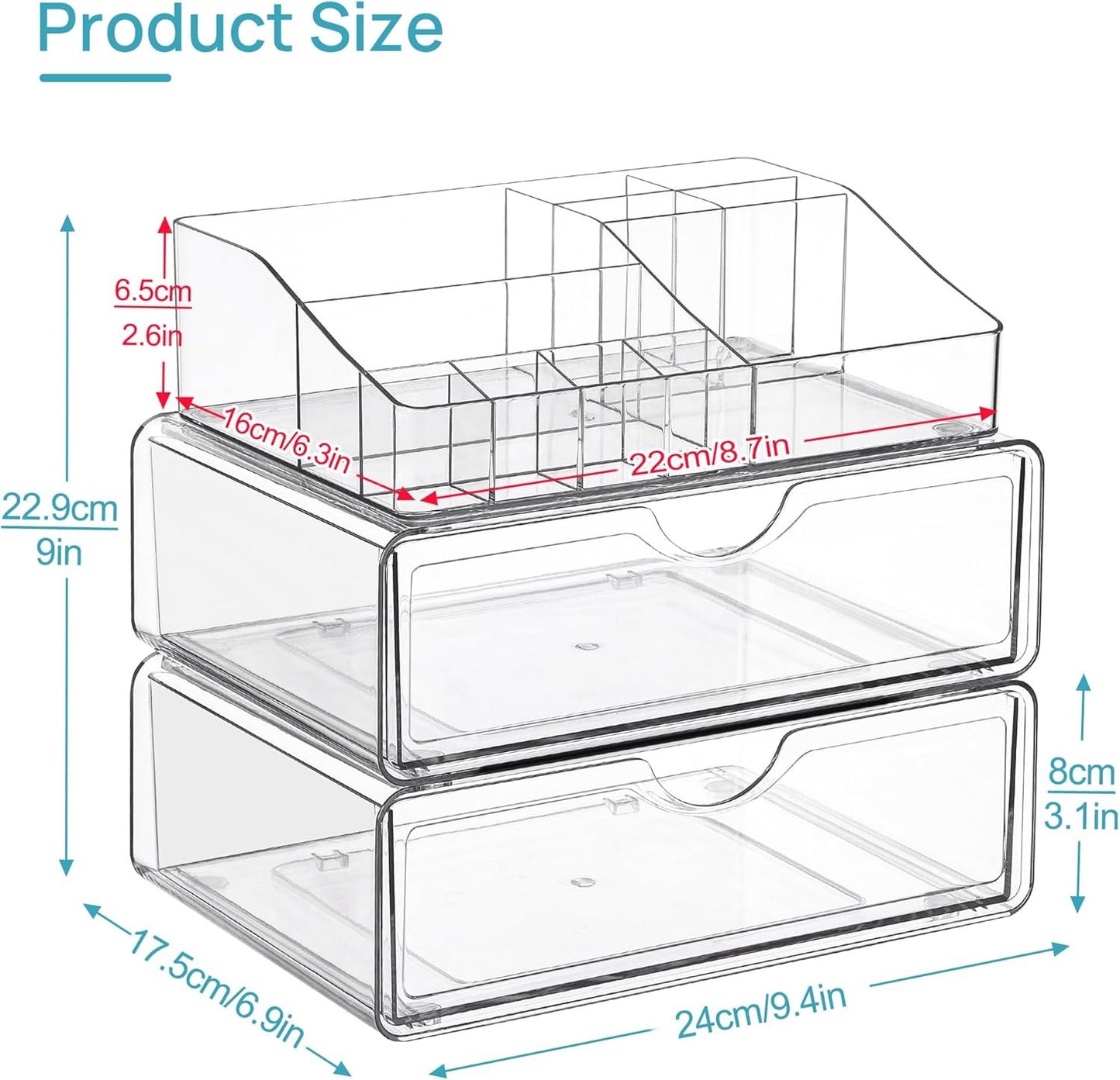 Vtopmart 3 Tier Clear Makeup Organizer with Drawer, Cosmetic Storage for Dresser Countertop and Bathroom Vanity, Skincare Organizer for Lipstick Brush Holders