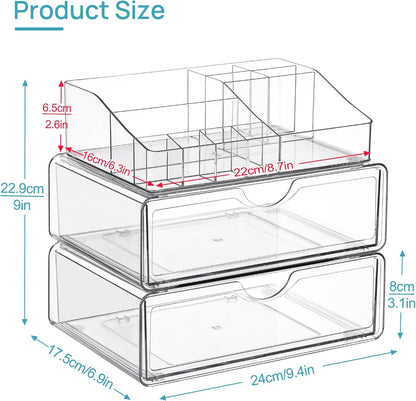 Vtopmart 3 Tier Clear Makeup Organizer with Drawer, Cosmetic Storage for Dresser Countertop and Bathroom Vanity, Skincare Organizer for Lipstick Brush Holders