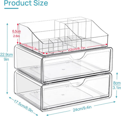 Vtopmart 3 Tier Clear Makeup Organizer with Drawer, Cosmetic Storage for Dresser Countertop and Bathroom Vanity, Beauty Holder for Lipstick Brush Skincare