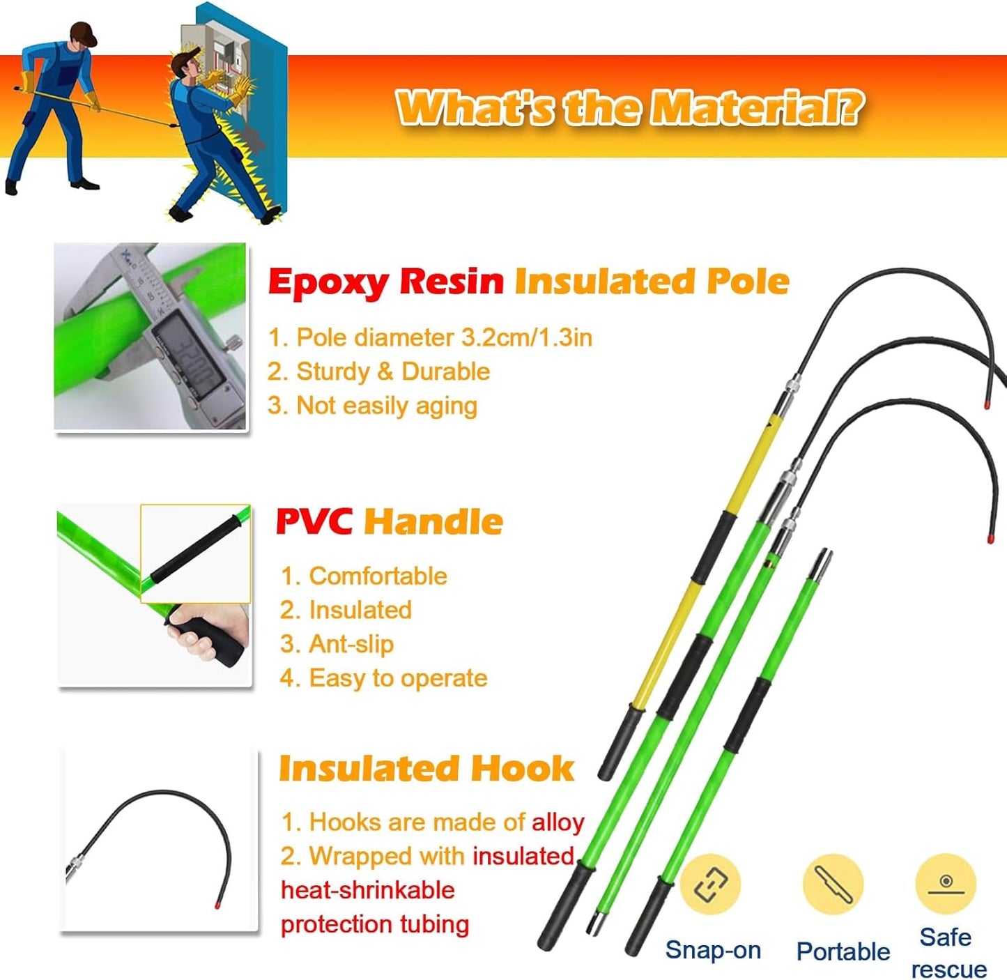 Generisch Gancio di riserva isolato ad alta voltaggio – Non Conductive Electrical Safety Lifesaving Pole, Isolated Rescue Bar for Body Pulling and Emergency Response, Commercial Use Safety Tool