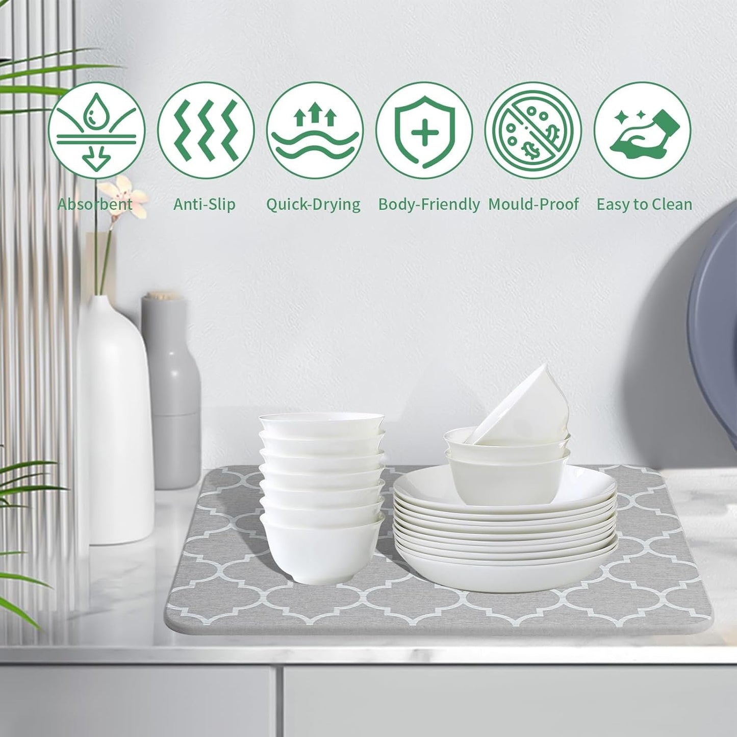 Foldable Grey Stone Drying Mat for Kitchen Counter - Extra Absorbent 16x12inch Dish Quick Dry Mat with Non-slip Diatomaceous Earth Surface
