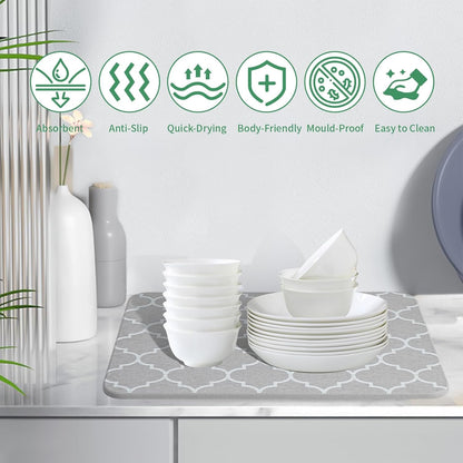 Foldable Grey Stone Drying Mat for Kitchen Counter - Extra Absorbent 16x12inch Dish Quick Dry Mat with Non-slip Diatomaceous Earth Surface