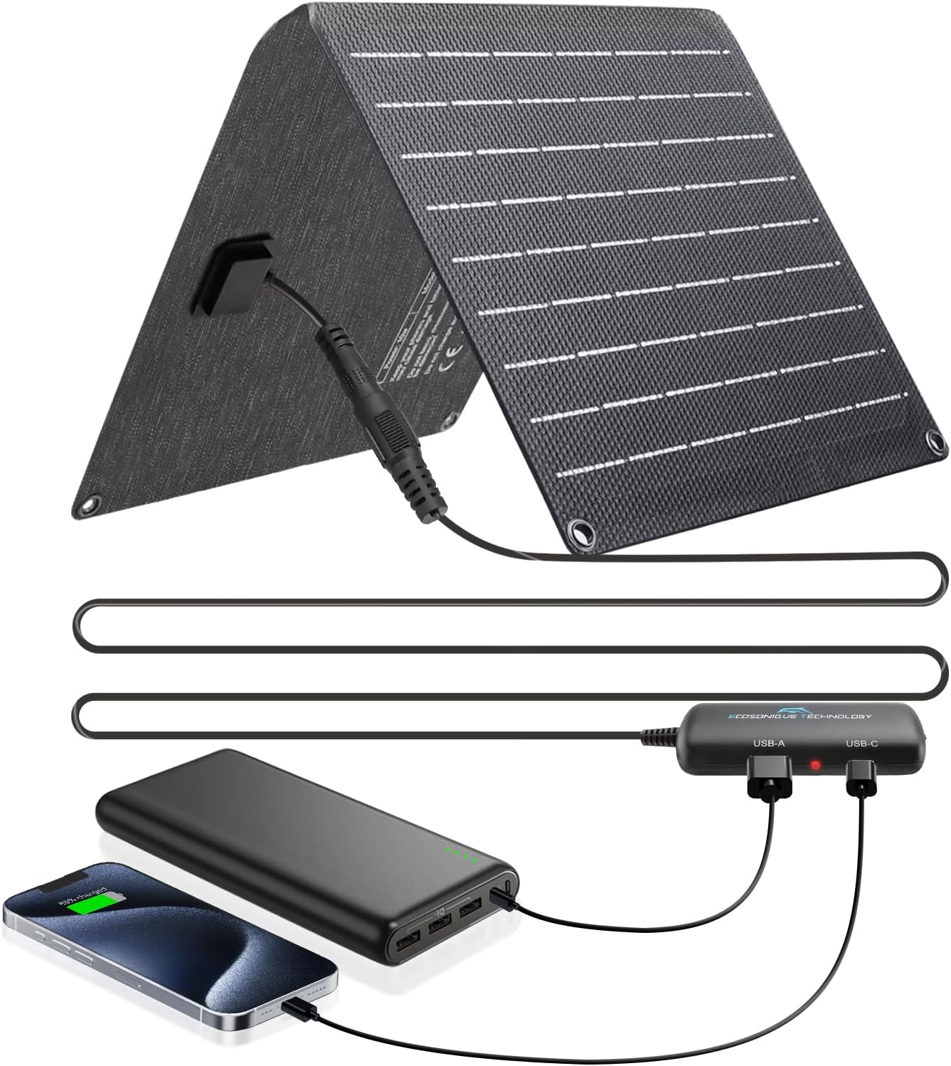 Ecosonique 10W / 20W / 30W Portable Solar Panel Charger, IP67 Waterproof ETFE USB Solar Phone Charger with Detachable Power HUB, 2023 Latest Version Compatible with iPhone, Power Bank, Smartwatch