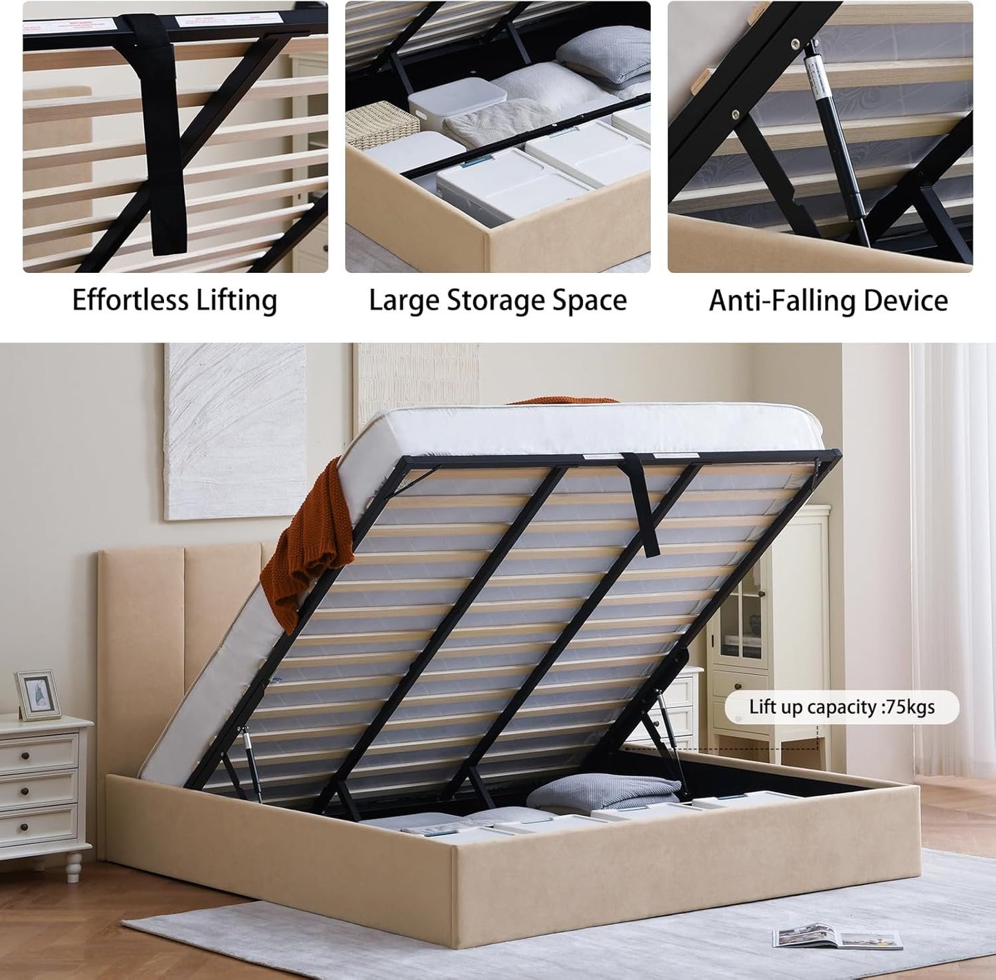 VELOCAVA King Size Lift-Up Storage Bed, Hydraulic Linen Upholstered Bed Frame with Vertical Panel Headboard, Wooden Slat Support, No Box Spring Needed, Easy Assembly, Soft Bed, Beige