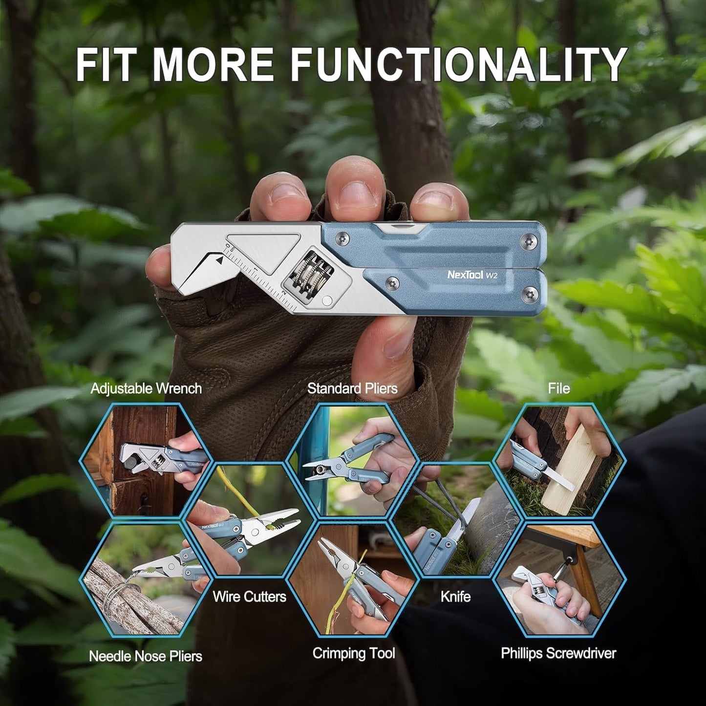 NexTool W2，8-in-1 Adjustable Multi-Wrench with Adjustable Wrench, Multi-Purpose Pliers, Small Folding Knife, Screwdriver, and File with 9-in-1 Bit Set for Outdoor Activities and Men's Gifts
