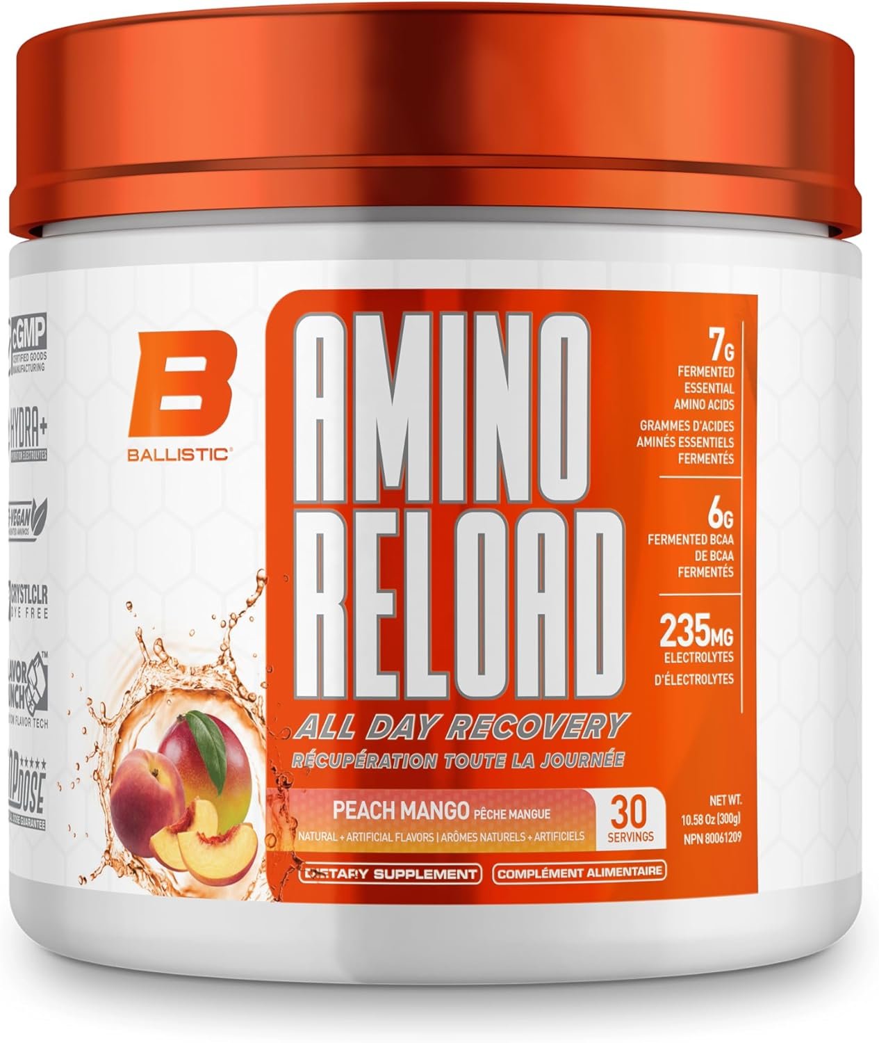 Ballistic Amino Reload | Amino Acid & Electrolyte Powder | 7g EAAs, 6g BCAAs, 235mg Electrolytes | Essential Amino Acid Recovery Support & Electrolytes for Hydration | 30 Servings (Peach Mango)