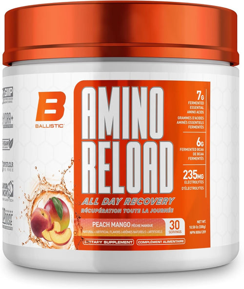 Ballistic Amino Reload | Amino Acid & Electrolyte Powder | 7g EAAs, 6g BCAAs, 235mg Electrolytes | Essential Amino Acid Recovery Support & Electrolytes for Hydration | 30 Servings (Peach Mango)