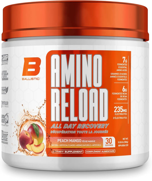 Ballistic Amino Reload | Amino Acid & Electrolyte Powder | 7g EAAs, 6g BCAAs, 235mg Electrolytes | Essential Amino Acid Recovery Support & Electrolytes for Hydration | 30 Servings (Peach Mango)