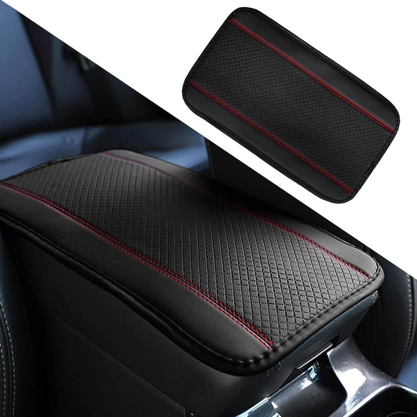 KAQISI Car Armrest Storage Box Mat, Fiber Leather Car Center Console Cover, Car Armrest Seat Box Cover Accessories Interior Protection for Most Vehicle, SUV, Truck, Car (Black/Red)