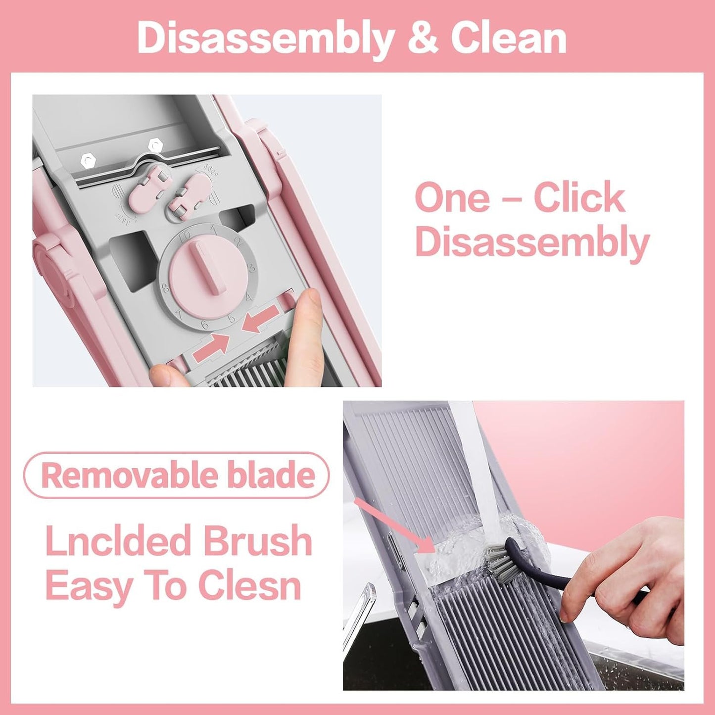Safe Mandoline Food Slicer for Kitchen, Multifunctional Vegetable Chopper, Mandoline Potato Slicer with 35+ Presets & Thickness Adjuster, French Fry Cutter, Veggie Dicer for Meal Prep Pink